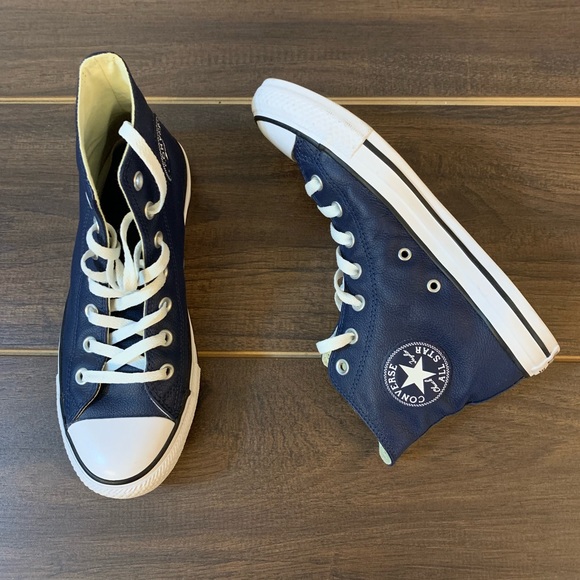 blue leather converse high tops